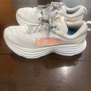 Hoka One One Bondi 8 Sneakers in Light Gray and Peach